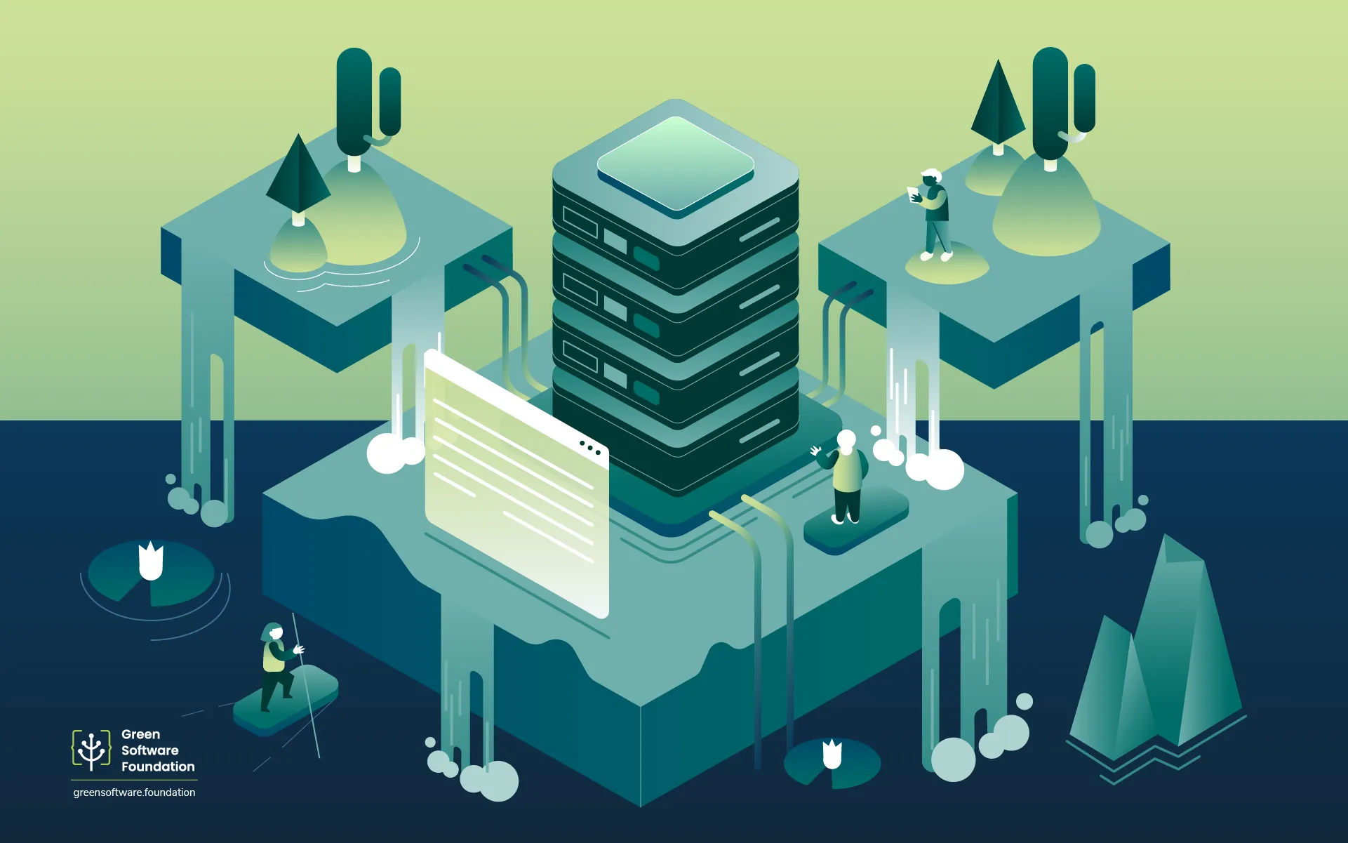 Isometric illustration showing a data center stack at the centre, with water flowing from its base into a dark blue pool below. Small figures interact with the infrastructure — one examining a document, another observing the environment. Trees and natural elements surround the scene, rendered in green tones. Green Software Foundation logo in the bottom left corner.